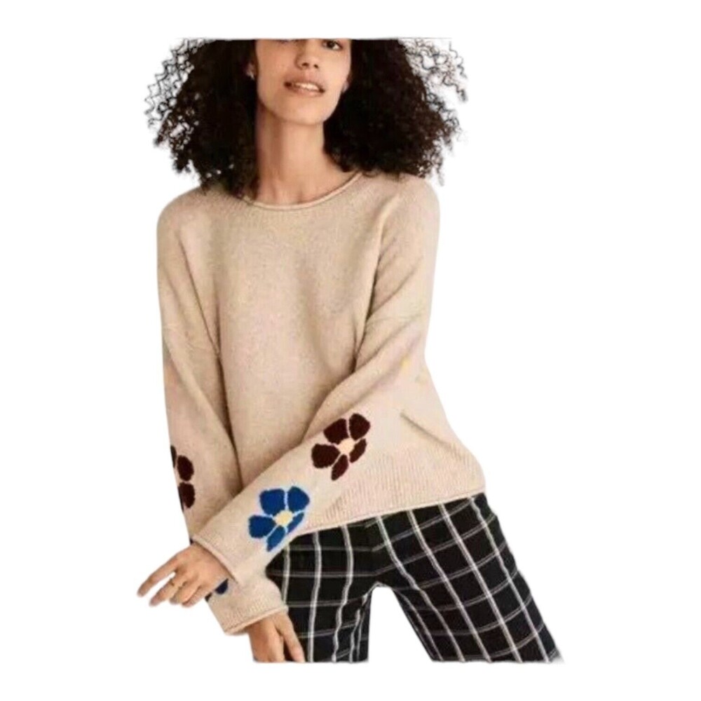 MADEWELL Flecked Floral Sleeve‎ Oatmeal Sweater Wool Blend Size XXS Oversized